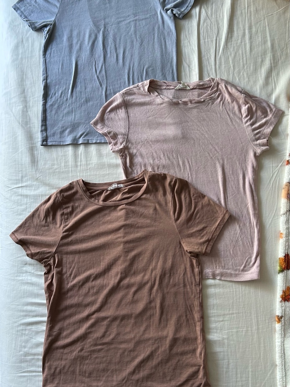 Splendid Three Short-Sleeve Crewneck Tees in Dusty Pink, Brown, and Pale Blue